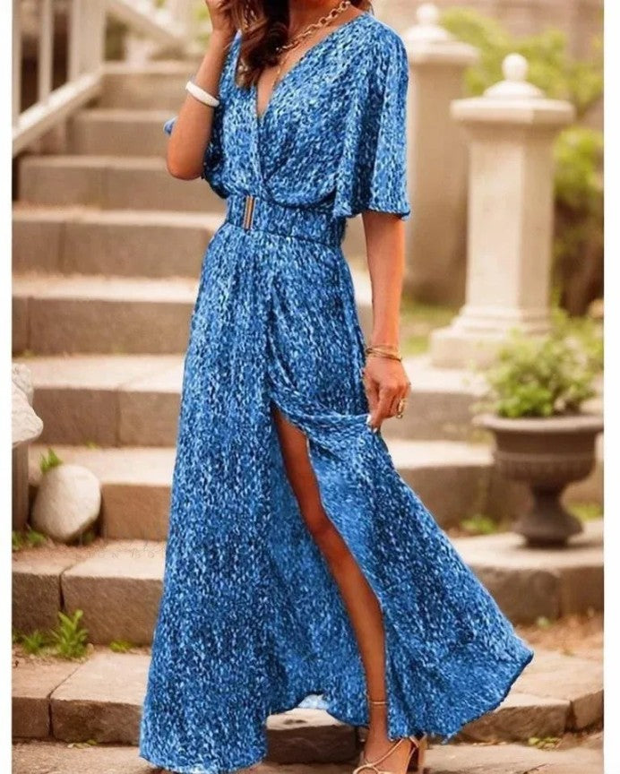 BelleRue - Élégante robe longue à col en V et manches courtes avec un superbe imprimé floral