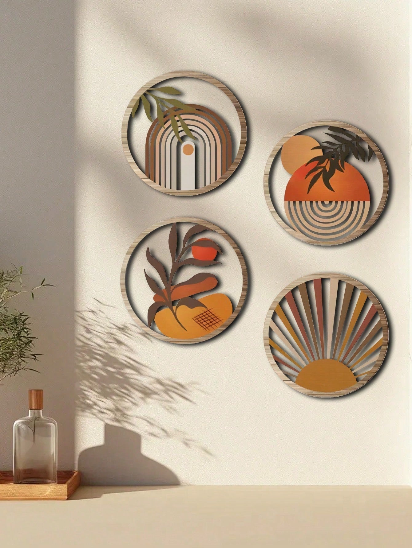 Ensemble de Décoration Murale en Bois Bohème (4 pièces) - Ambiance Rustique Boho pour Salon & Chambre
