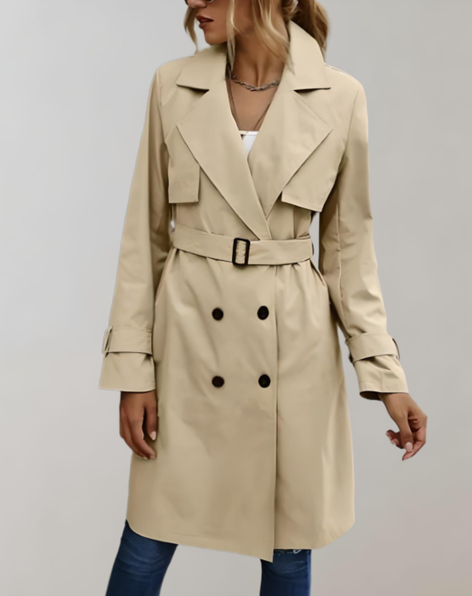 Olivia - Trench long d'automne avec ceinture à la taille et boutons