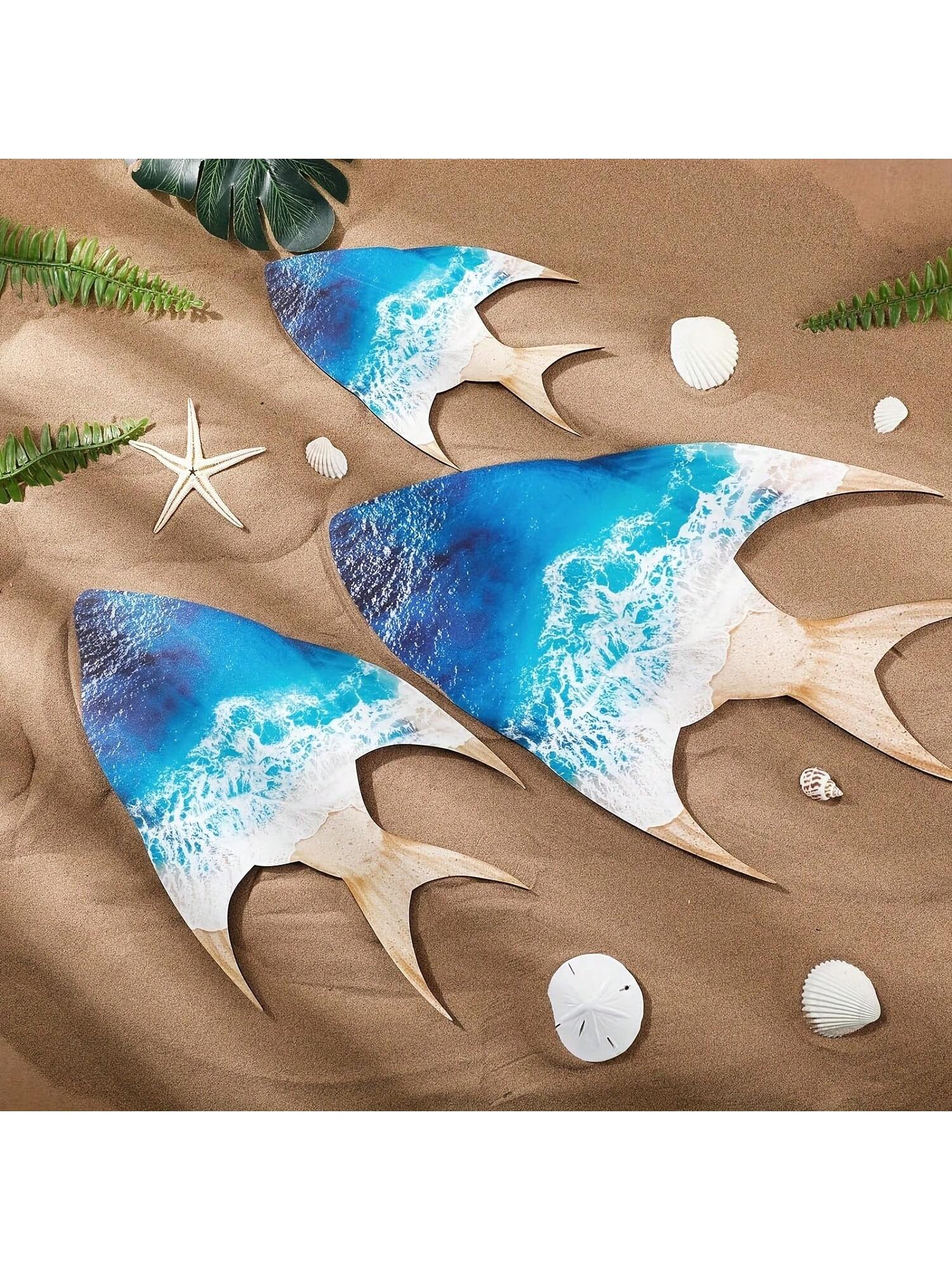 Charme Côtier : Décoration Murale en Bois de Poissons Bleus en 3 Pièces pour Piscine & Terrasse