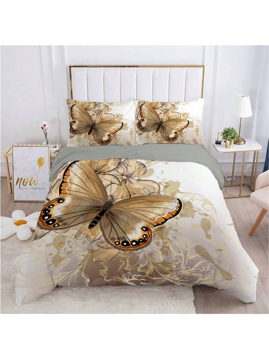 Ensemble de Housse de Couette Papillon Doré - Collection de Literie Luxe pour une Transformation Élégante (3 Pièces)
