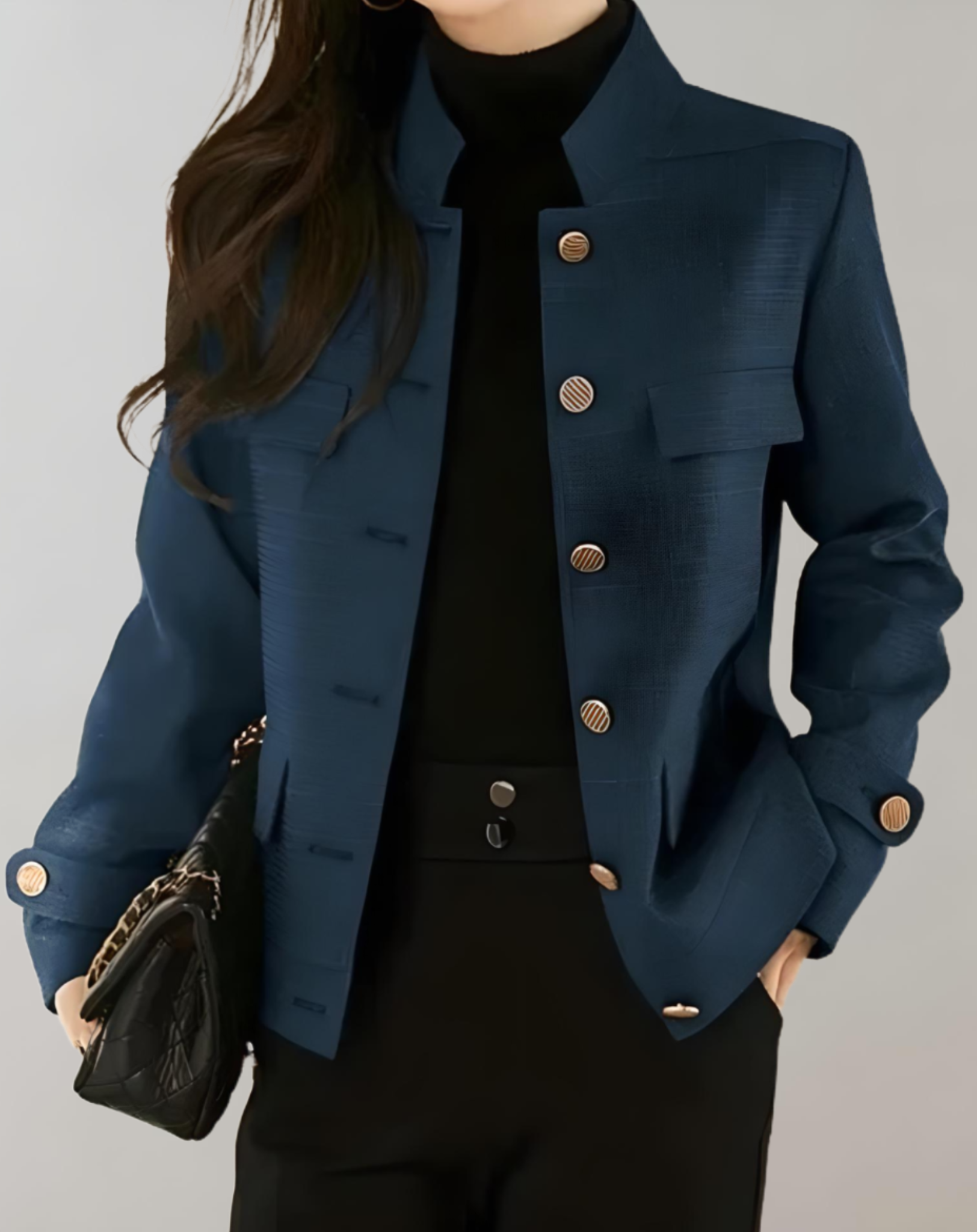 Emma - Manteau d'automne oversize bleu marine avec boutons, gros boutons et col montant