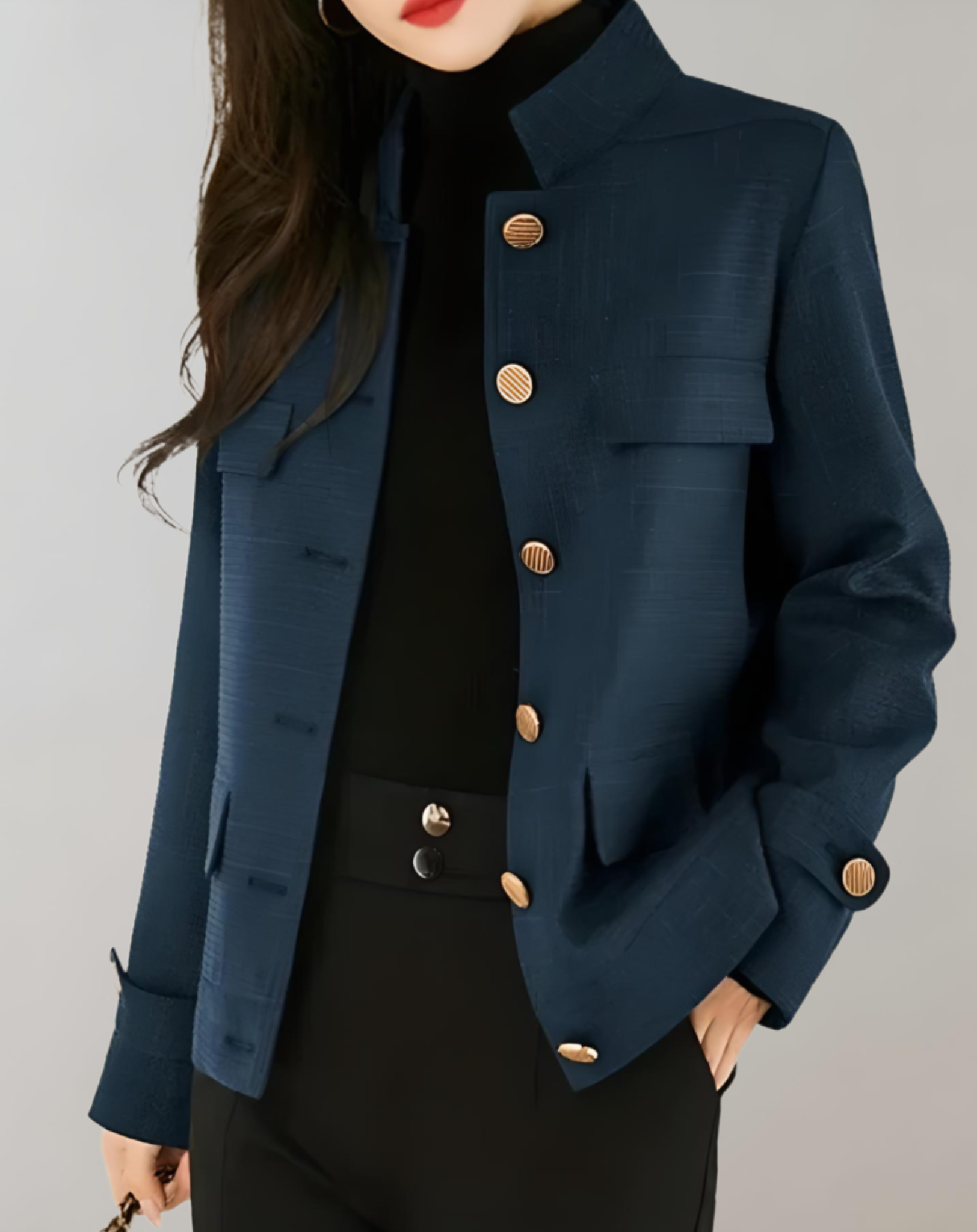 Emma - Manteau d'automne oversize bleu marine avec boutons, gros boutons et col montant