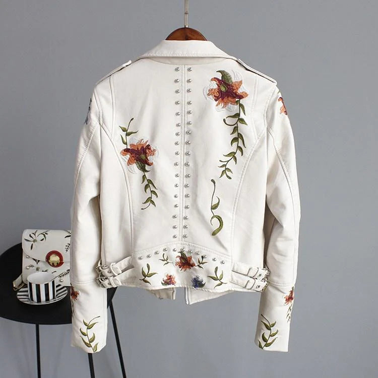 BelleRue - Veste en cuir avec broderie de fleurs
