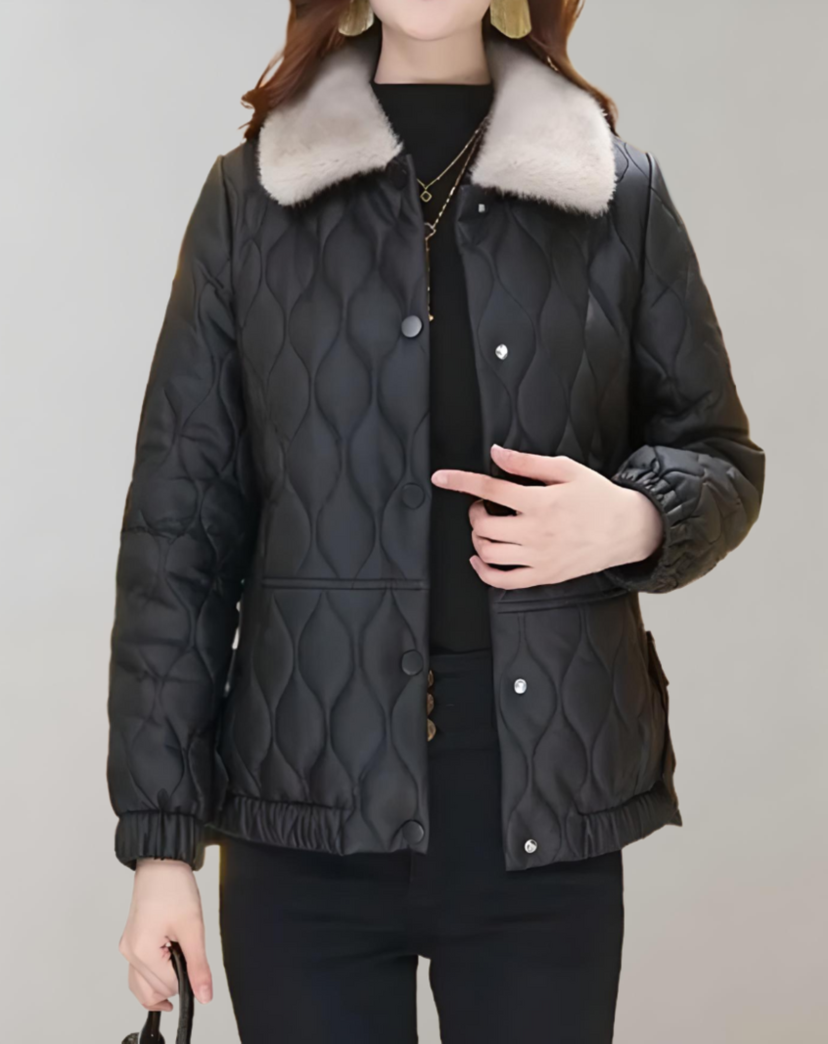 Nora - Manteau d'hiver épais noir à motif en relief et cols imitation tissu