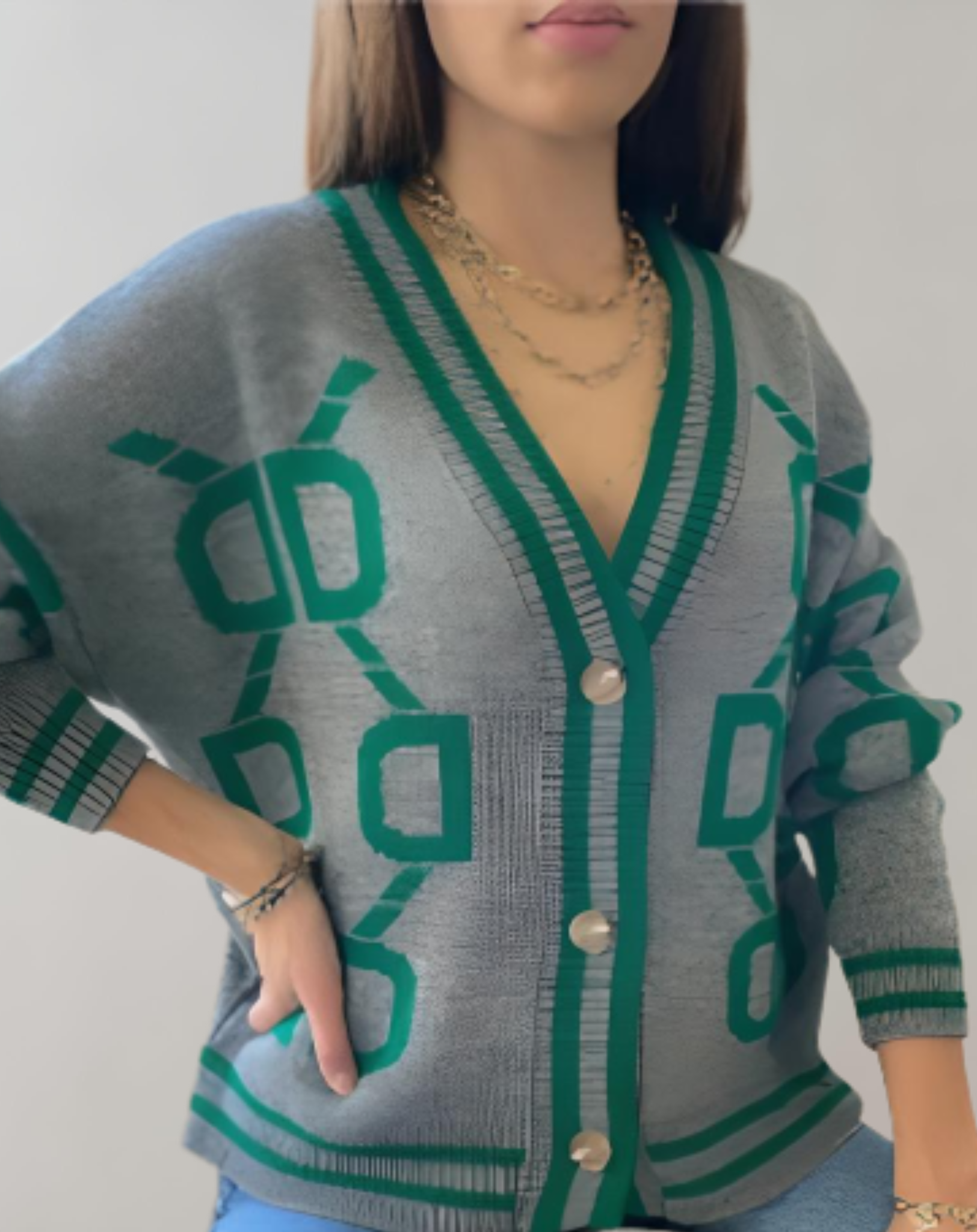 Fenna - Pull oversize avec boutons, encolure en V et imprimé à motifs