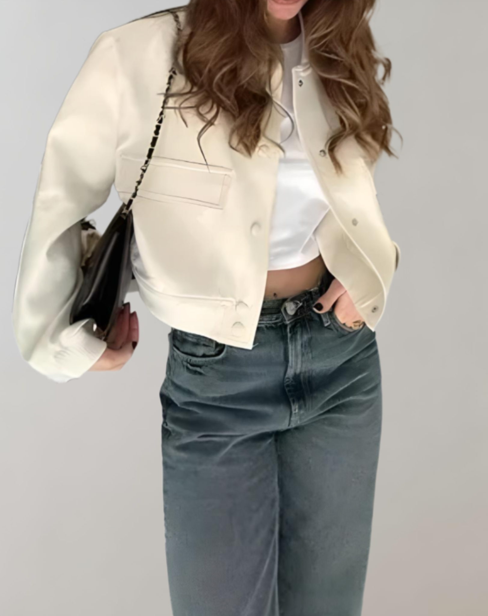 Isabella - Manteau d'automne court en denim blanc simple avec poches poitrine et fermeture boutonnée