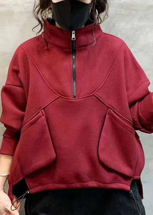 Pull bordeaux confortable avec zip et poches pour l'automne