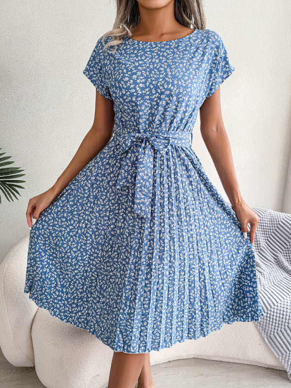 BelleRue - Robe Midi Trapèze à col Rond et Imprimé Floral Avec Ceinture à Nouer