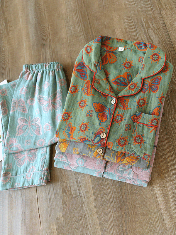 Isabel - Ensemble de Pyjama en Crêpe avec Imprimé Papillon Vintage (2 pièces)