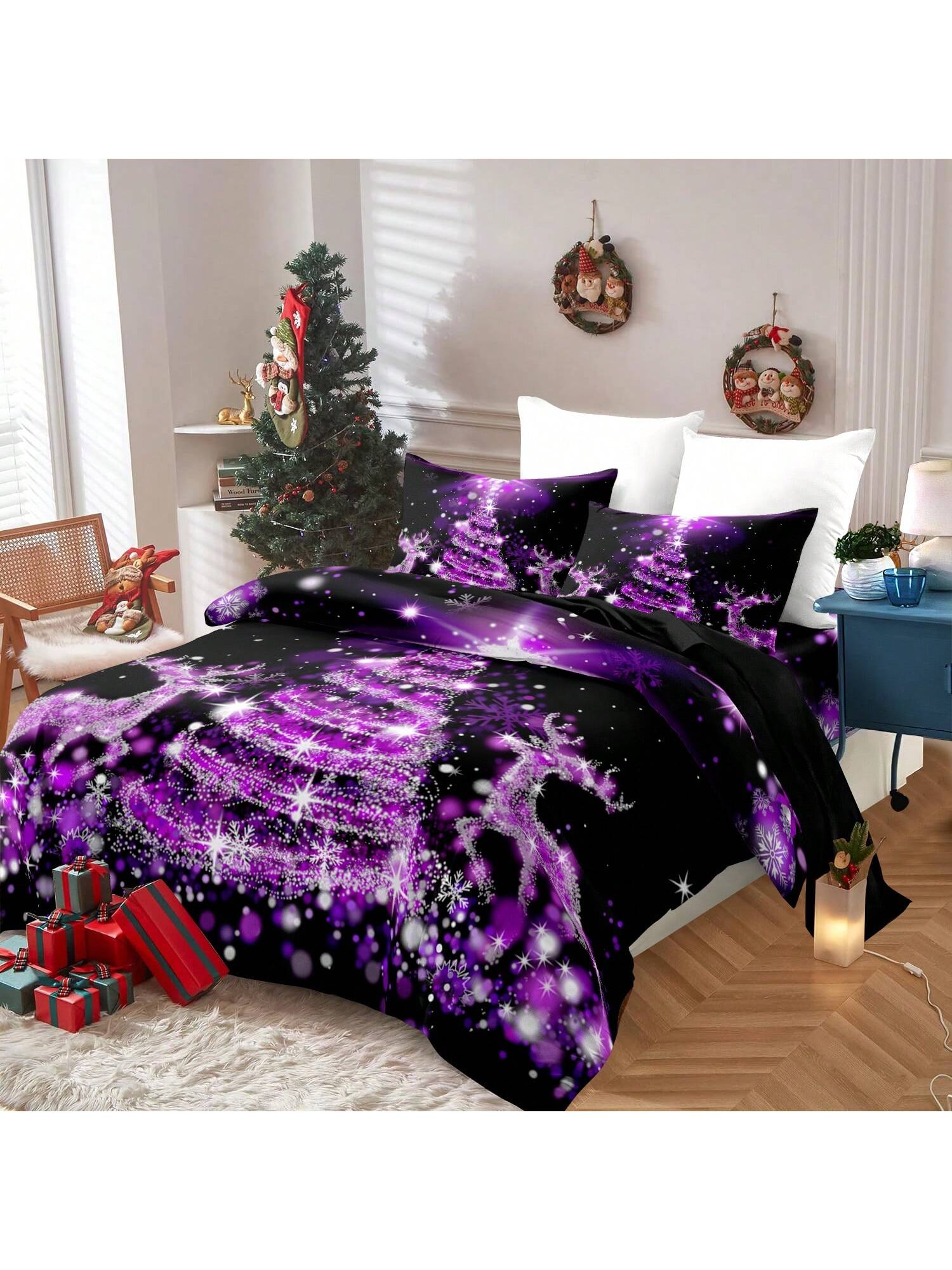 Magie de Noël - Ensemble de housses de couette violettes avec imprimé sapin de Noël pour les fêtes