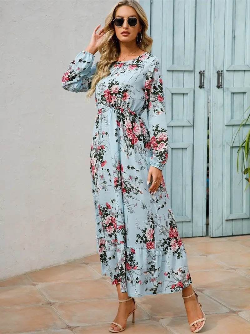 Rianne - Robe maxi bleu clair à imprimé fleuri