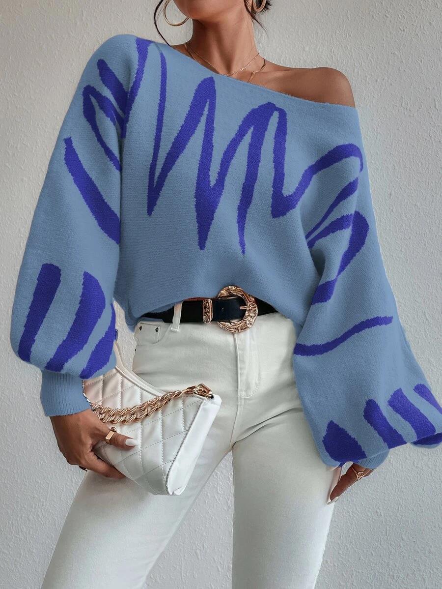 Jade - Pull oversize bleu à manches bouffantes