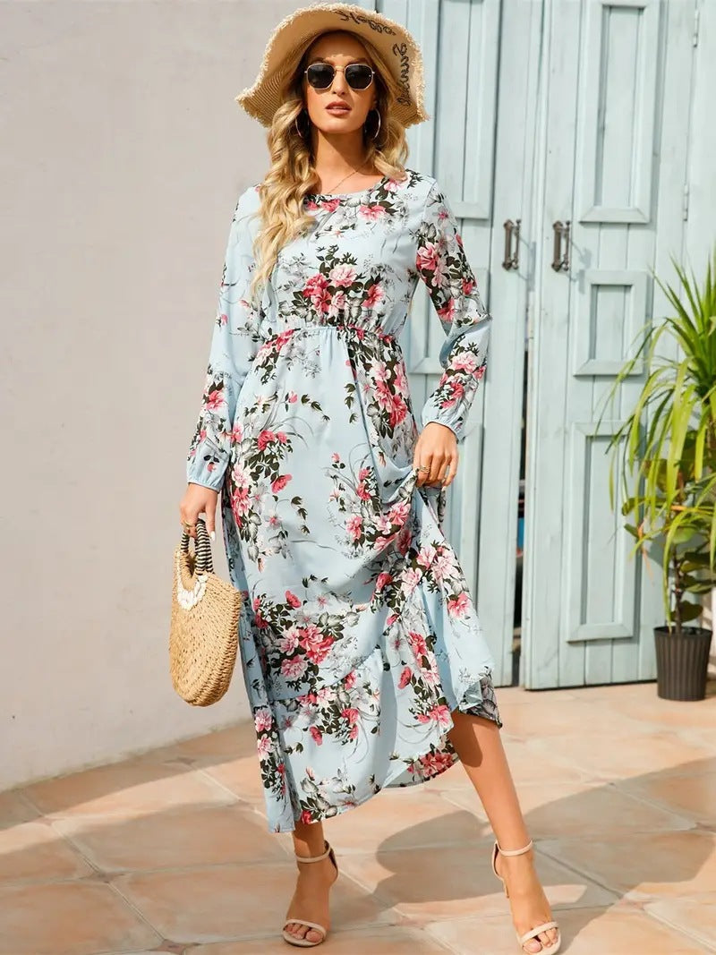 Rianne - Robe maxi bleu clair à imprimé fleuri