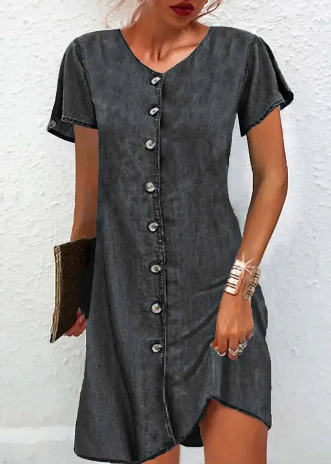 BelleRue - Robe en denim à manches courtes, col en V, boutons, patchwork, bleu simple