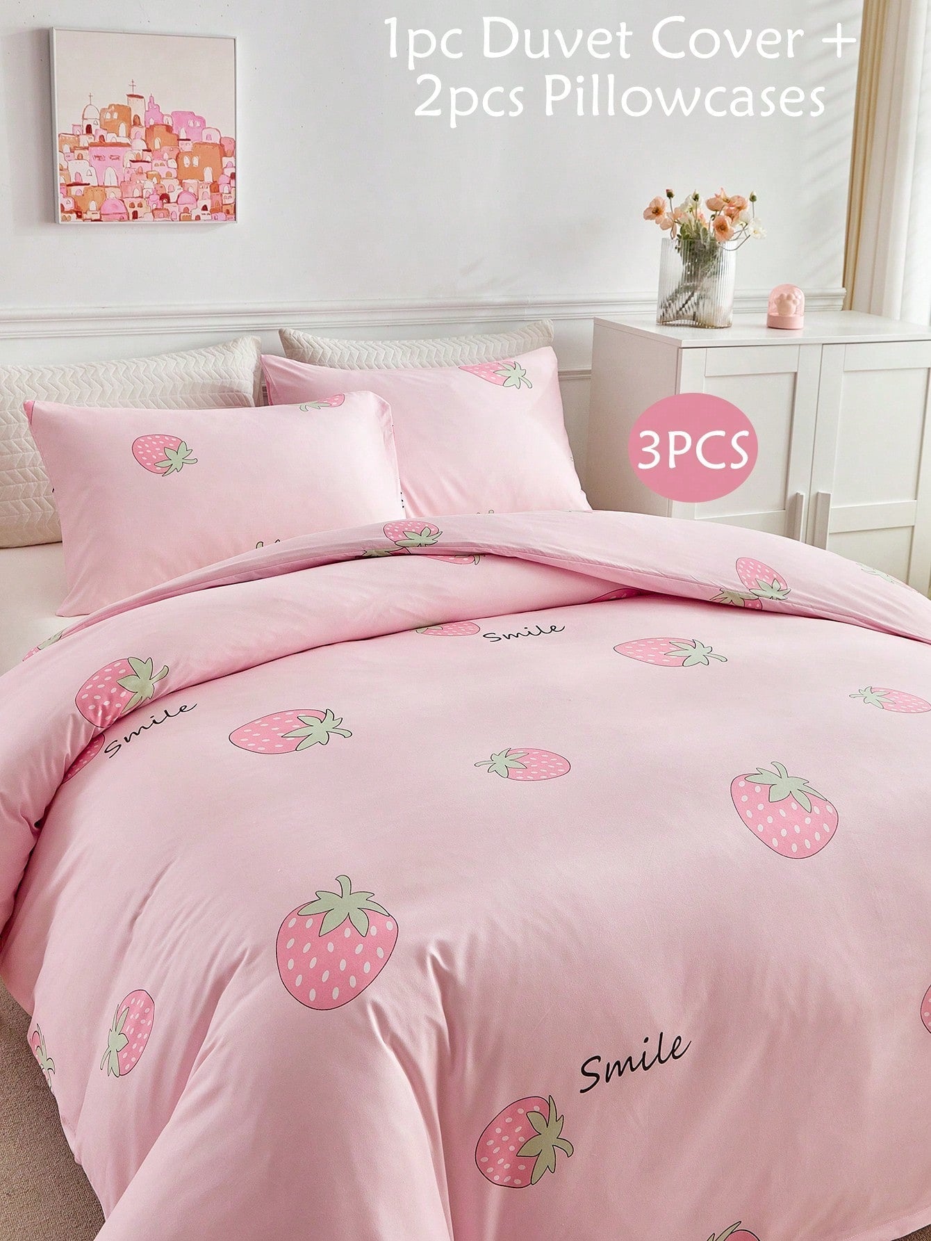Rêve de Fraise - Ensemble de literie pour enfants 3 pièces en polyester rose