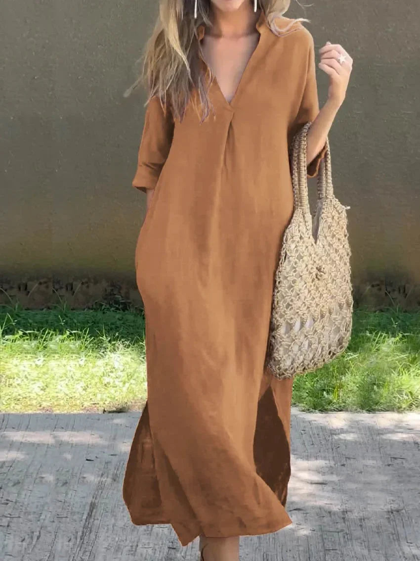 BelleRue - Robe en lin à col en V de couleur unie pour femme, avec poche et col en V