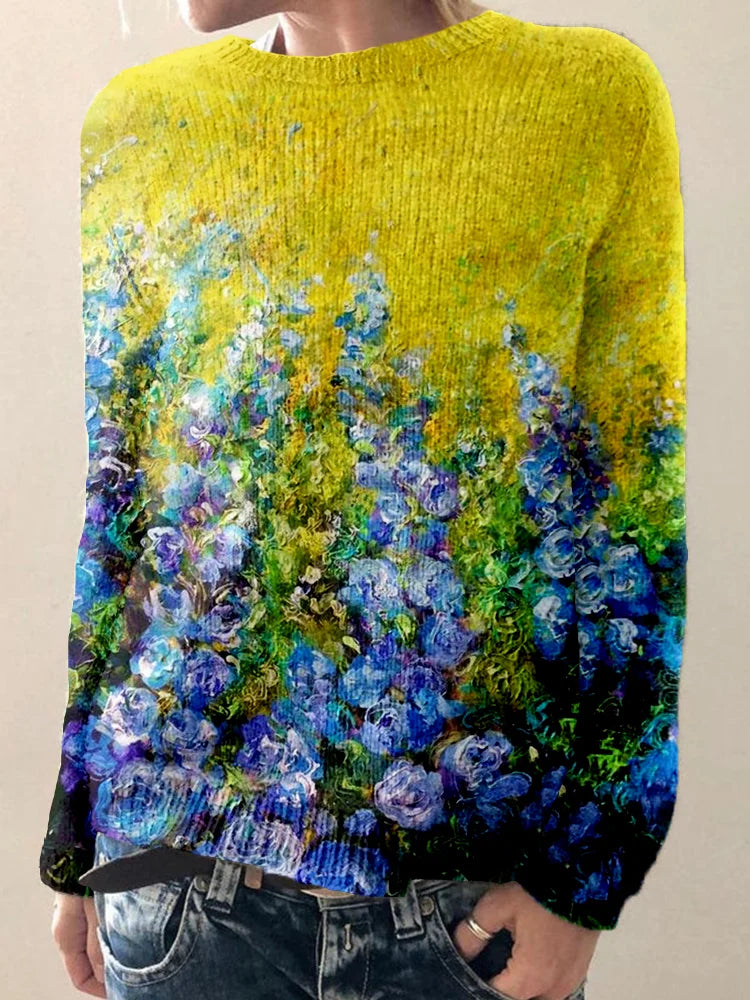 BelleRue - Pull confortable à col ras du cou avec motif de fleurs abstraites