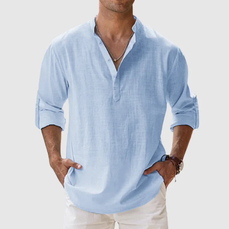 BelleRue - Chemise décontractée à manches longues en lin et coton pour hommes