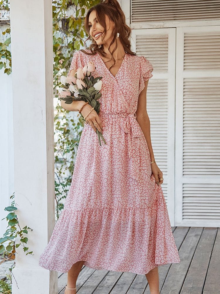 Romee - Robe rose à imprimé fleuri romantique