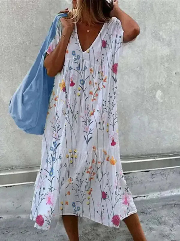 BelleRue - Robe de plage boho pour femme robe d'été à col en V et à manches courtes à imprimé floral