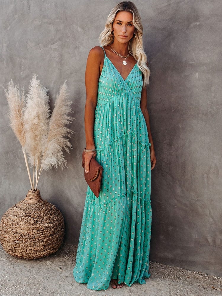 Carmen - Robe maxi verte sans manches sophistiquée