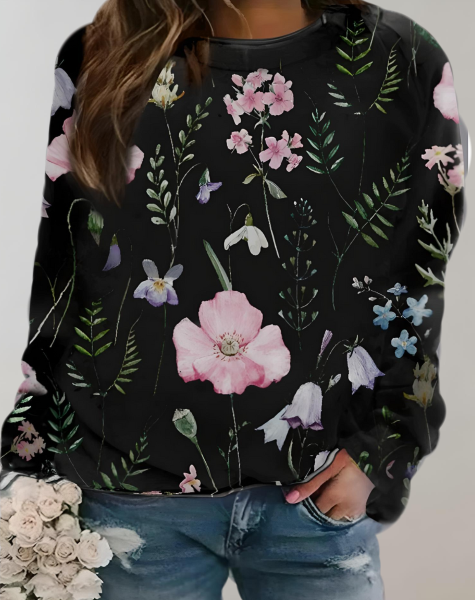 Nora - Pull oversize à col rond et motif floral