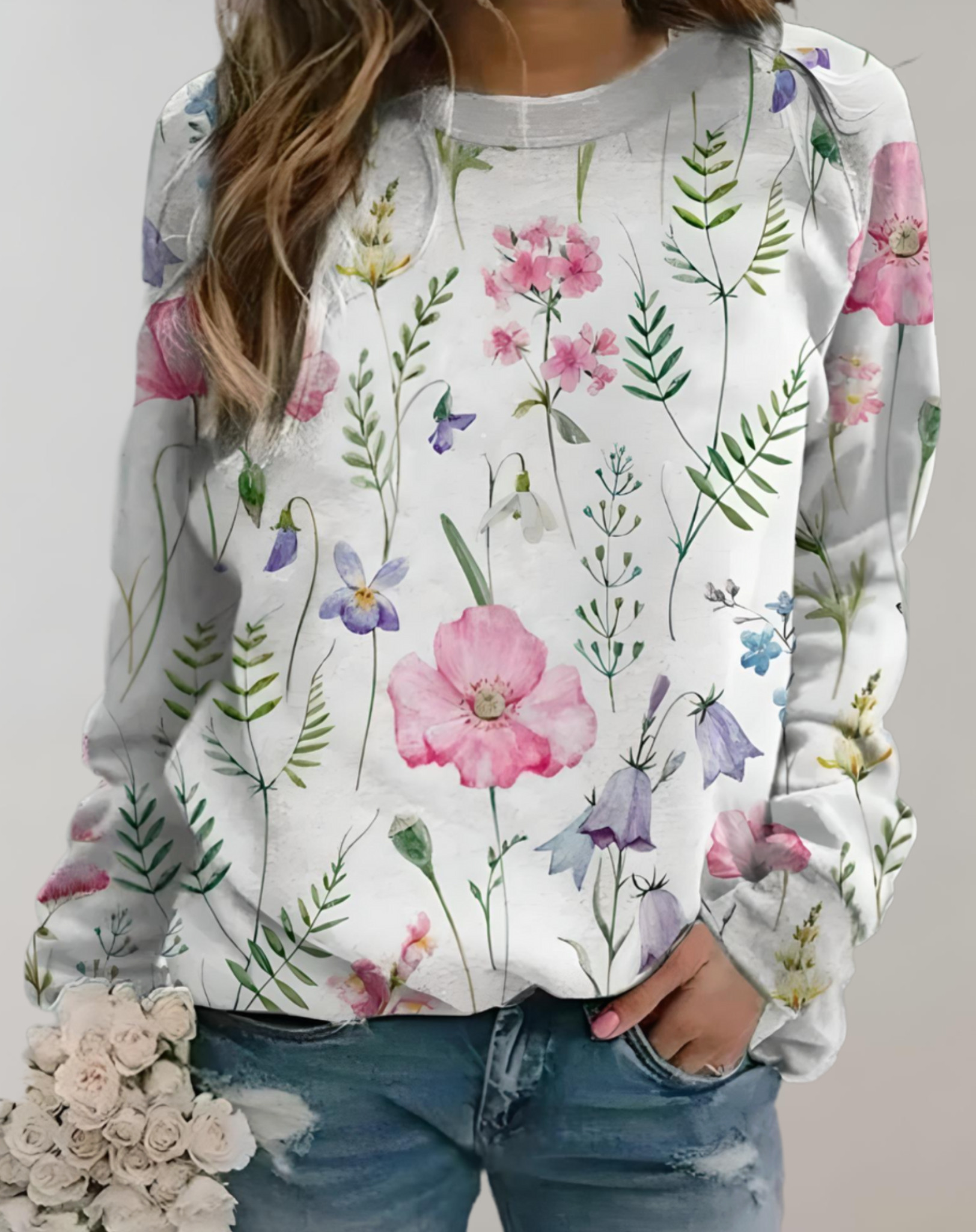 Nora - Pull oversize à col rond et motif floral