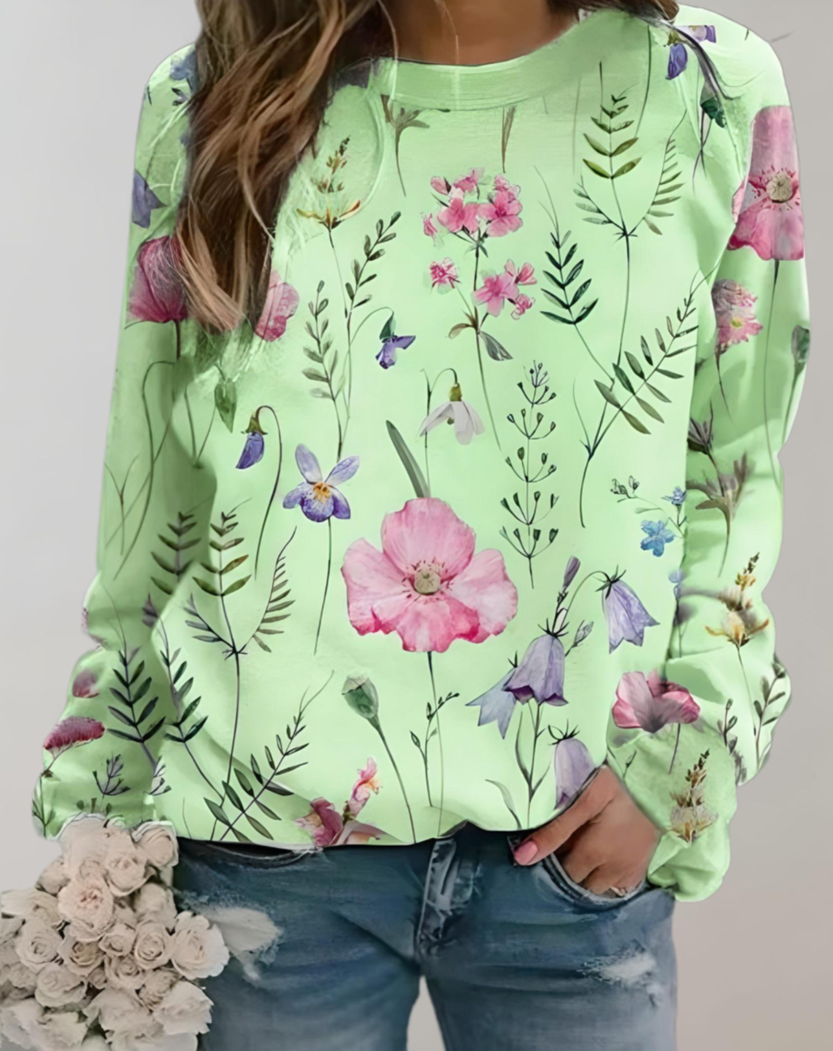 Nora - Pull oversize à col rond et motif floral