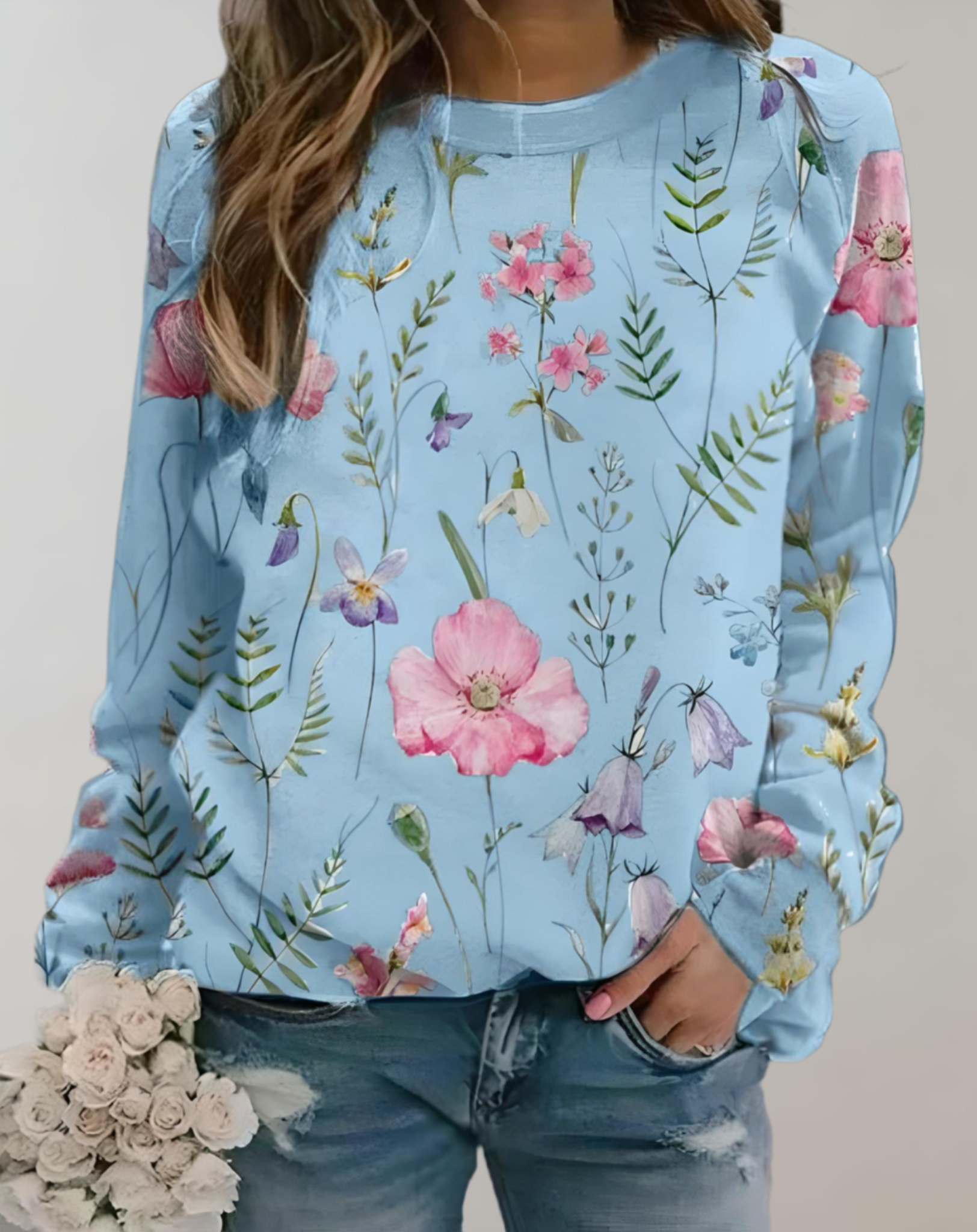 Nora - Pull oversize à col rond et motif floral