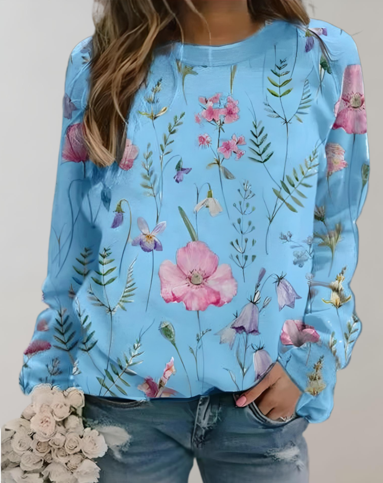 Nora - Pull oversize à col rond et motif floral