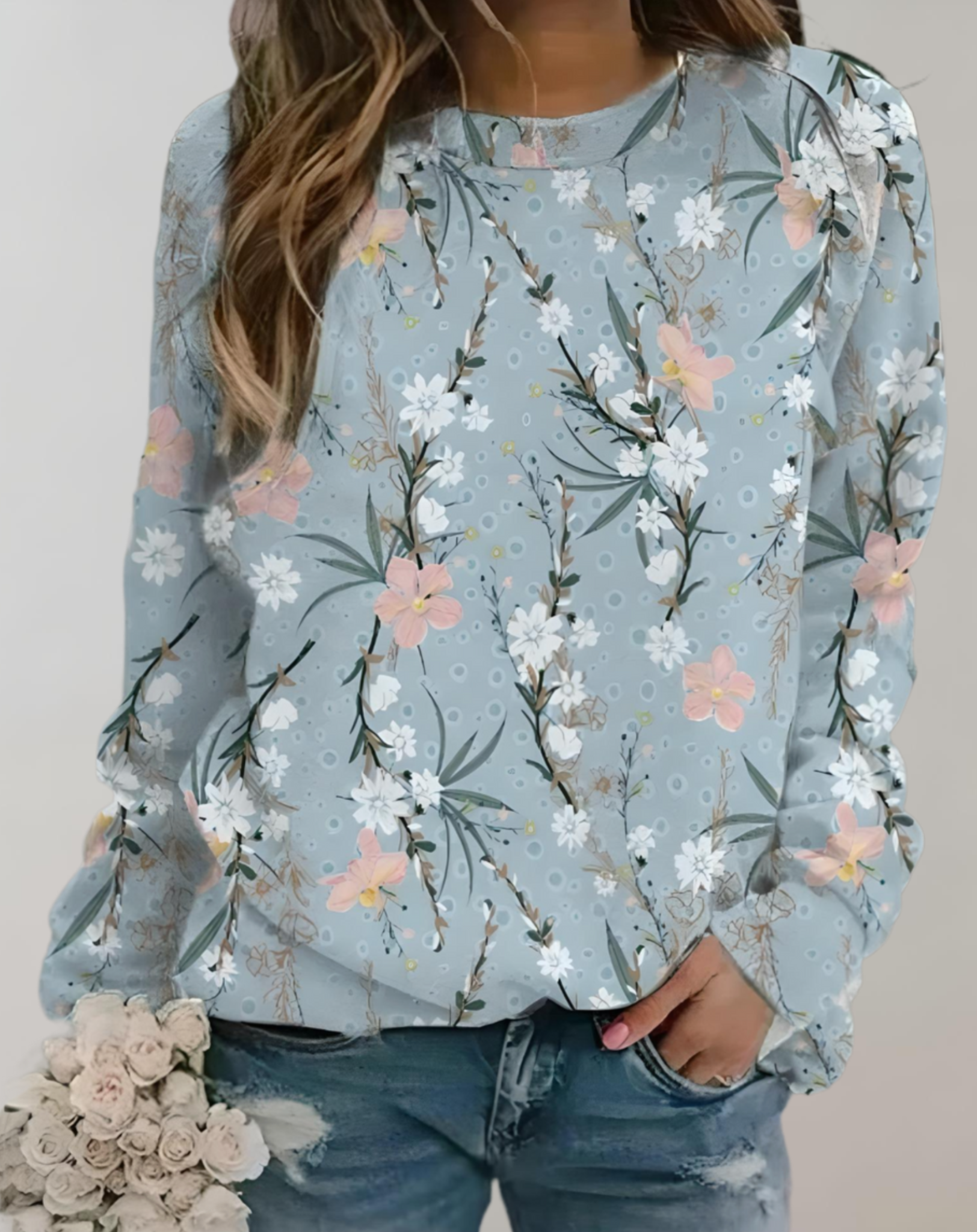 Nora - Pull oversize à col rond et motif floral