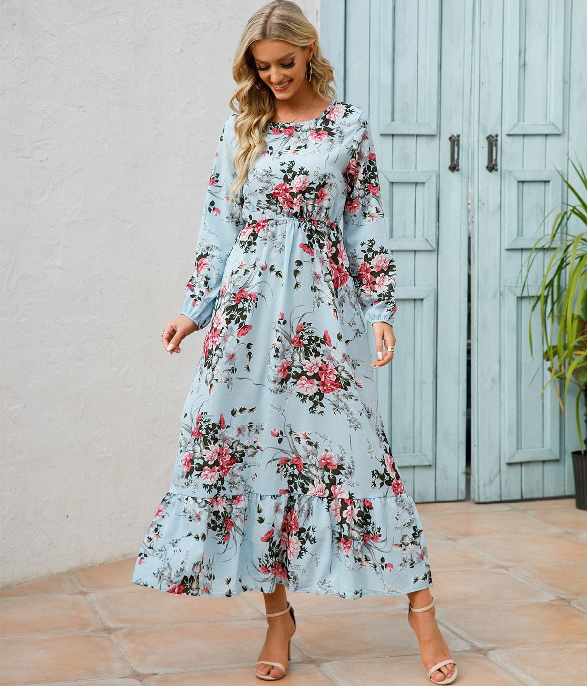 Rianne - Robe maxi bleu clair à imprimé fleuri