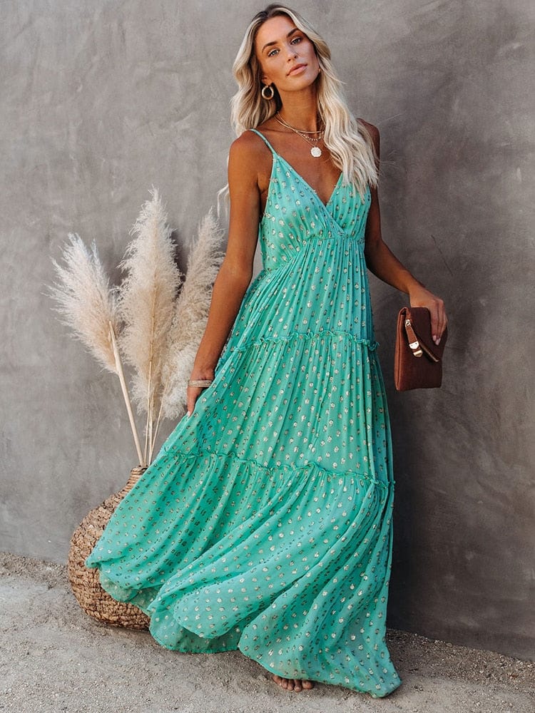 Carmen - Robe maxi verte sans manches sophistiquée