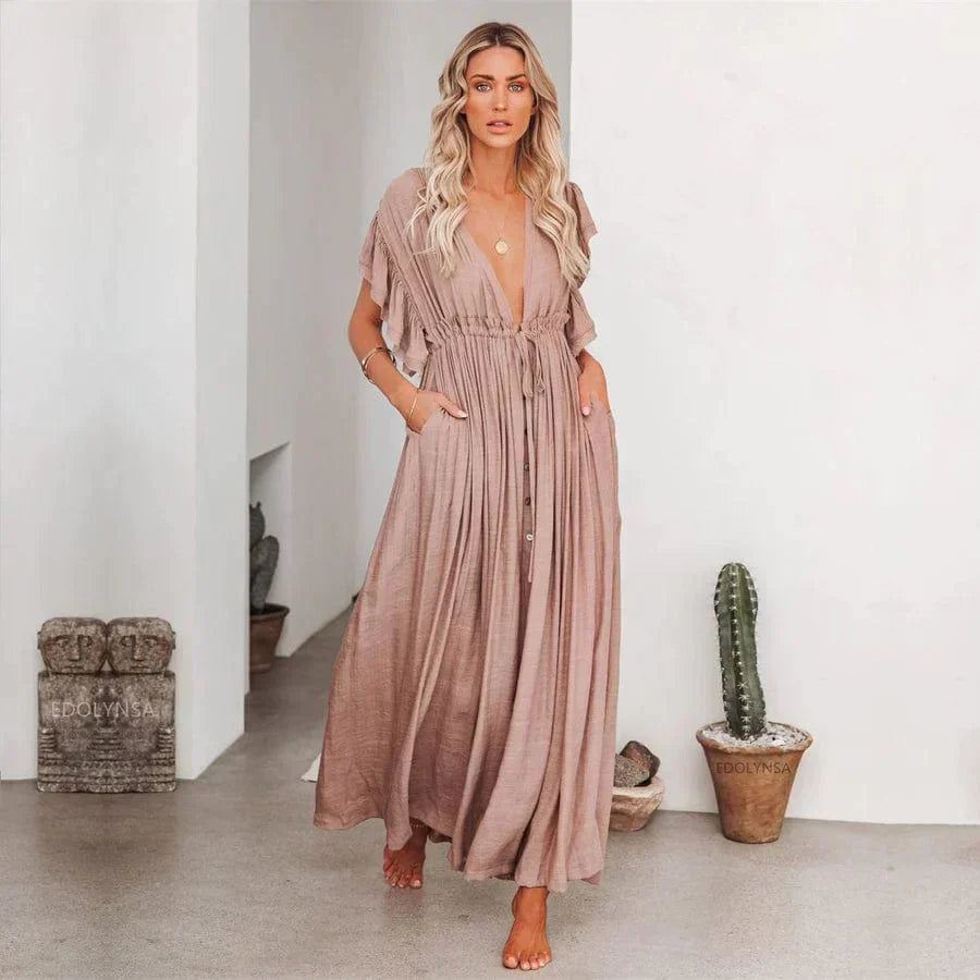 Milensa - Robe maxi taupe fluide et élégante