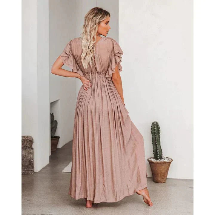 Milensa - Robe maxi taupe fluide et élégante