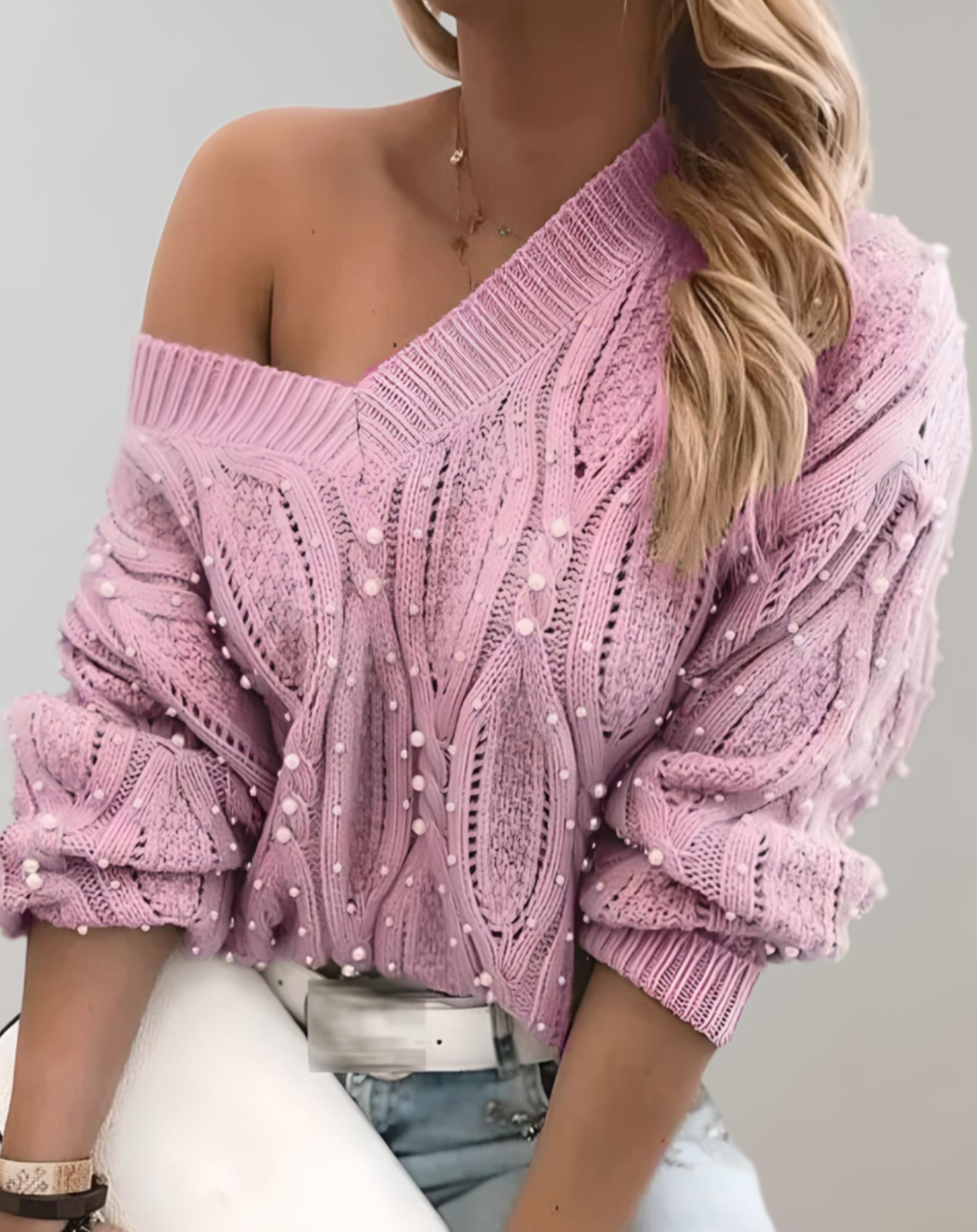 Linde - Pull simple en tricot avec col en V et perles