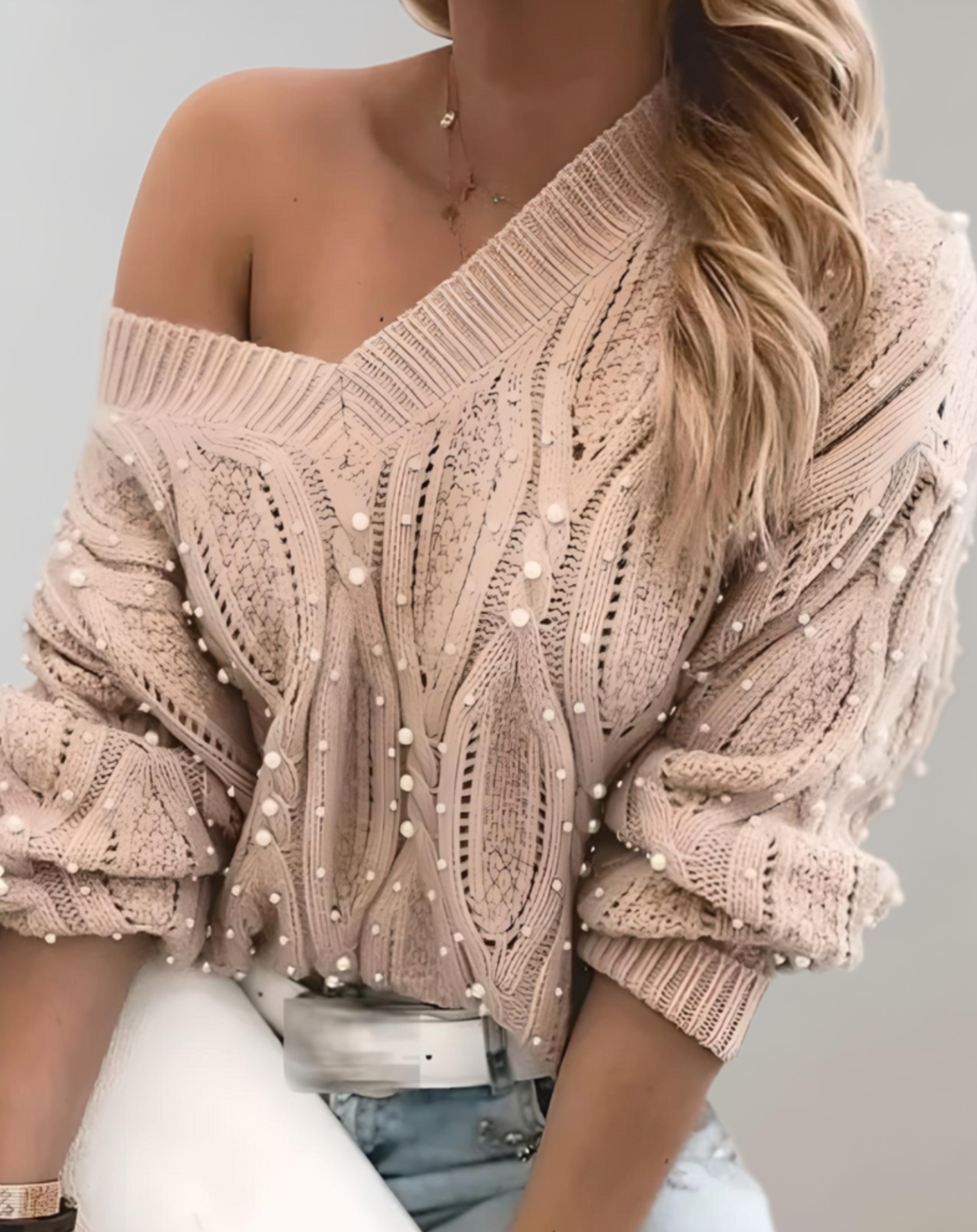 Linde - Pull simple en tricot avec col en V et perles