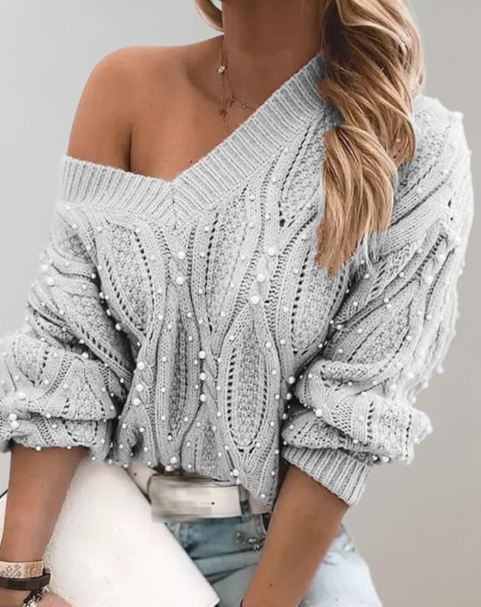 Linde - Pull simple en tricot avec col en V et perles