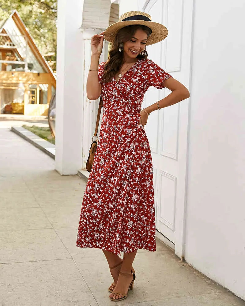 Nina - Robe midi rouge à imprimé fleuri