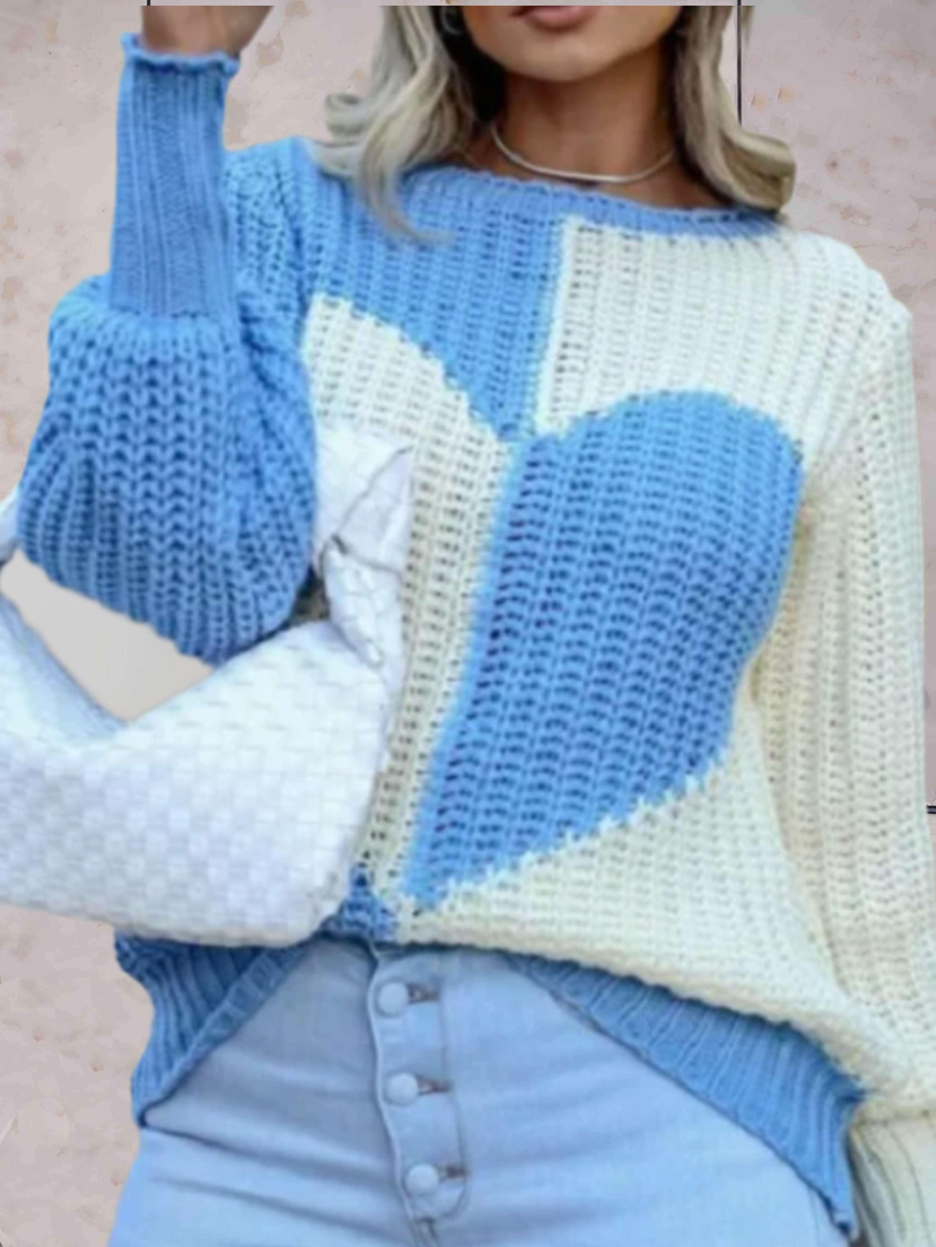 Freya - Pull décontracté en maille bicolore à col rond et motif cœurs