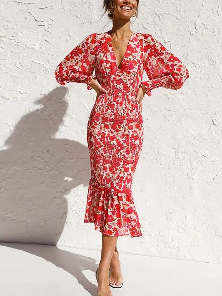 ByJules - Robe d'été élégante rouge à col en V et imprimé floral pour femmes