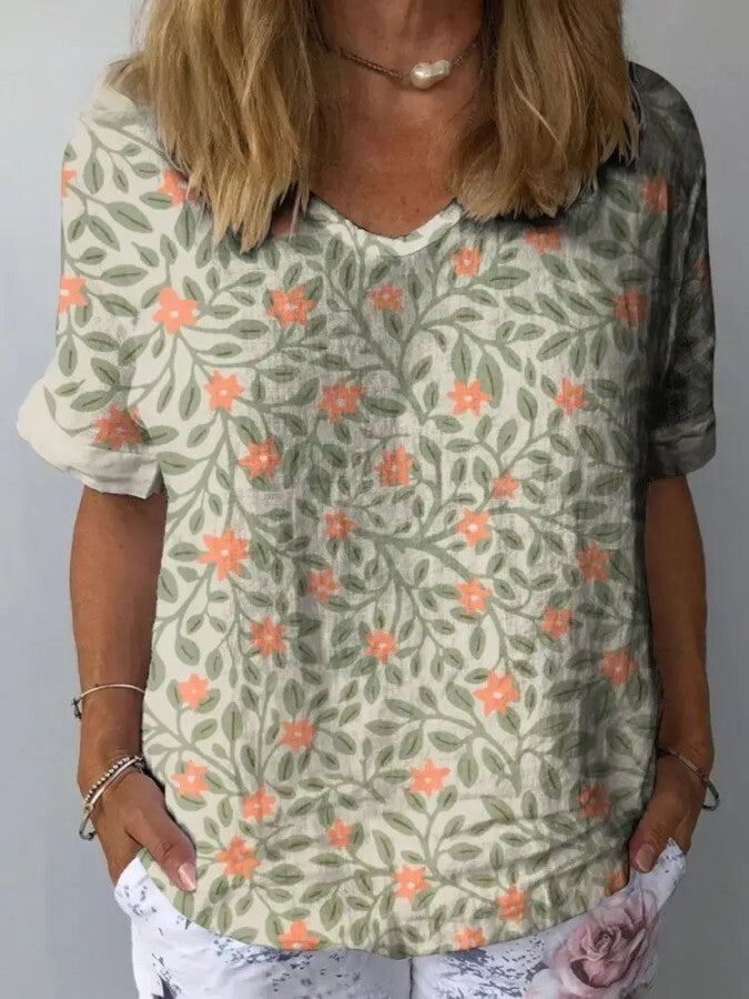Chemise décontractée en coton et lin pour femme avec joli motif floral et imprimé artistique