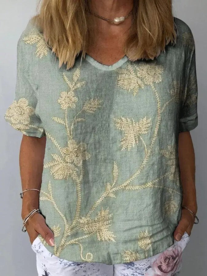 BelleRue - Chemise décontractée pour femme à motif floral rétro en coton et lin